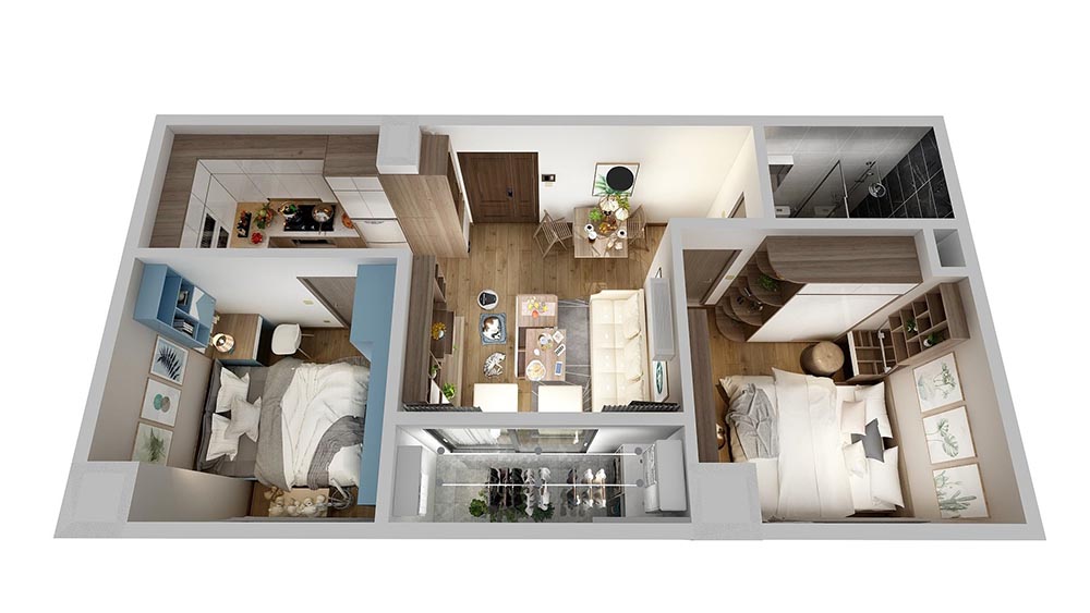 Thiết kế căn hộ CH02 - CH11-CH12-CH12A-CH14: Diện tích 46 m2